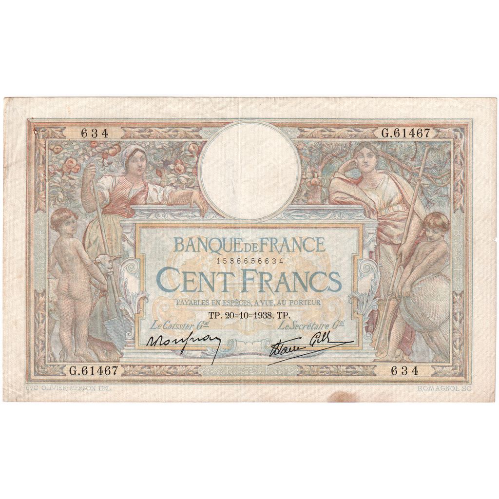 Francia, 100 Francs, Luc Olivier Merson, 1938-10-20, G.61467, MBC