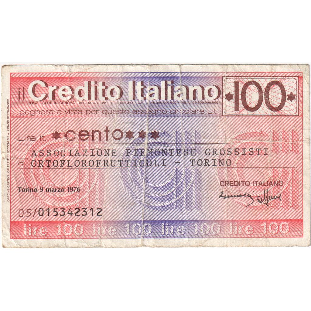Italy, 100 Lire, 1976-09-03, Credito Italiano, EF(40-45)