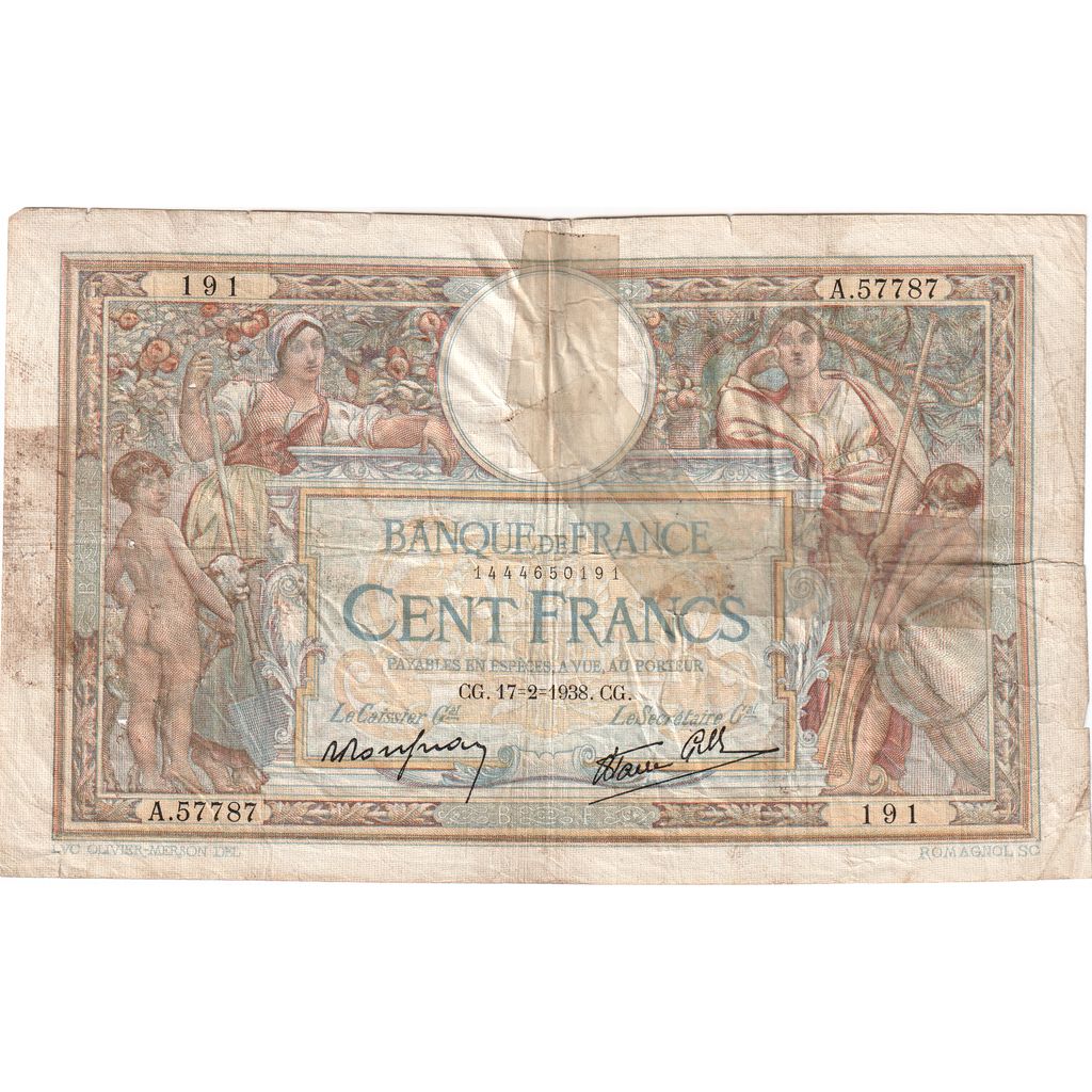 France, 100 Francs, Luc Olivier Merson, 1921-02-03, A57787, G(4-6)