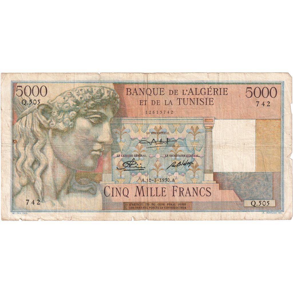 Tunísia, 5000 Francs, 10-3-1950, VF(20-25)