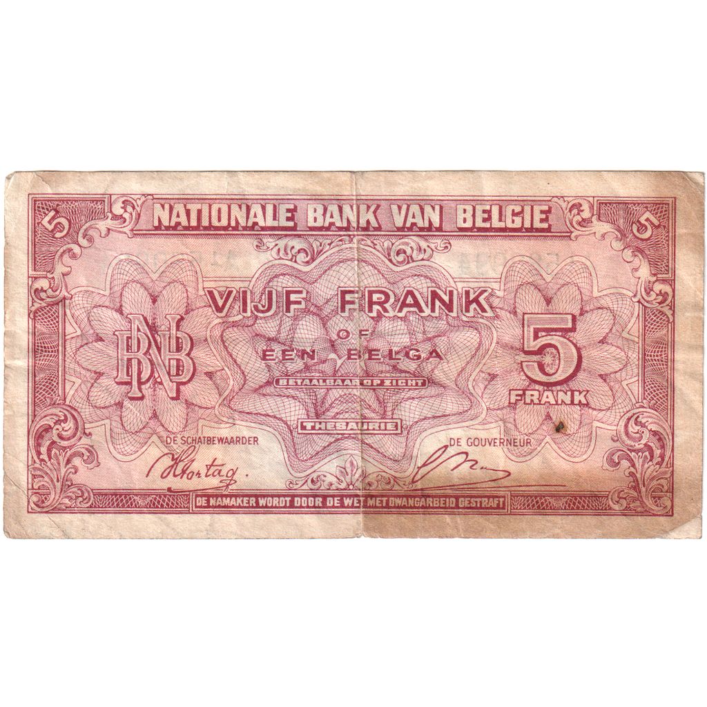Belgium, 5 Francs-1 Belga, 1943-02-01, VF(20-25)