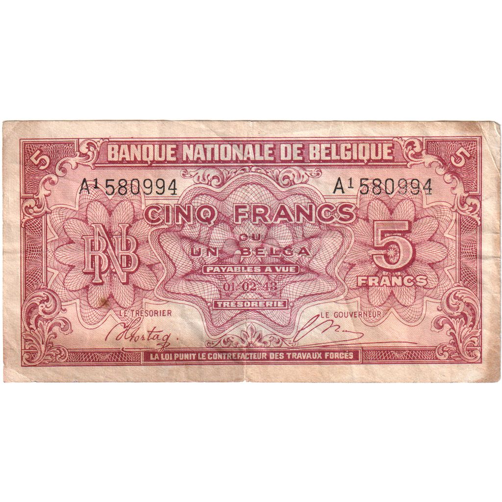 Belgium, 5 Francs-1 Belga, 1943-02-01, VF(20-25)
