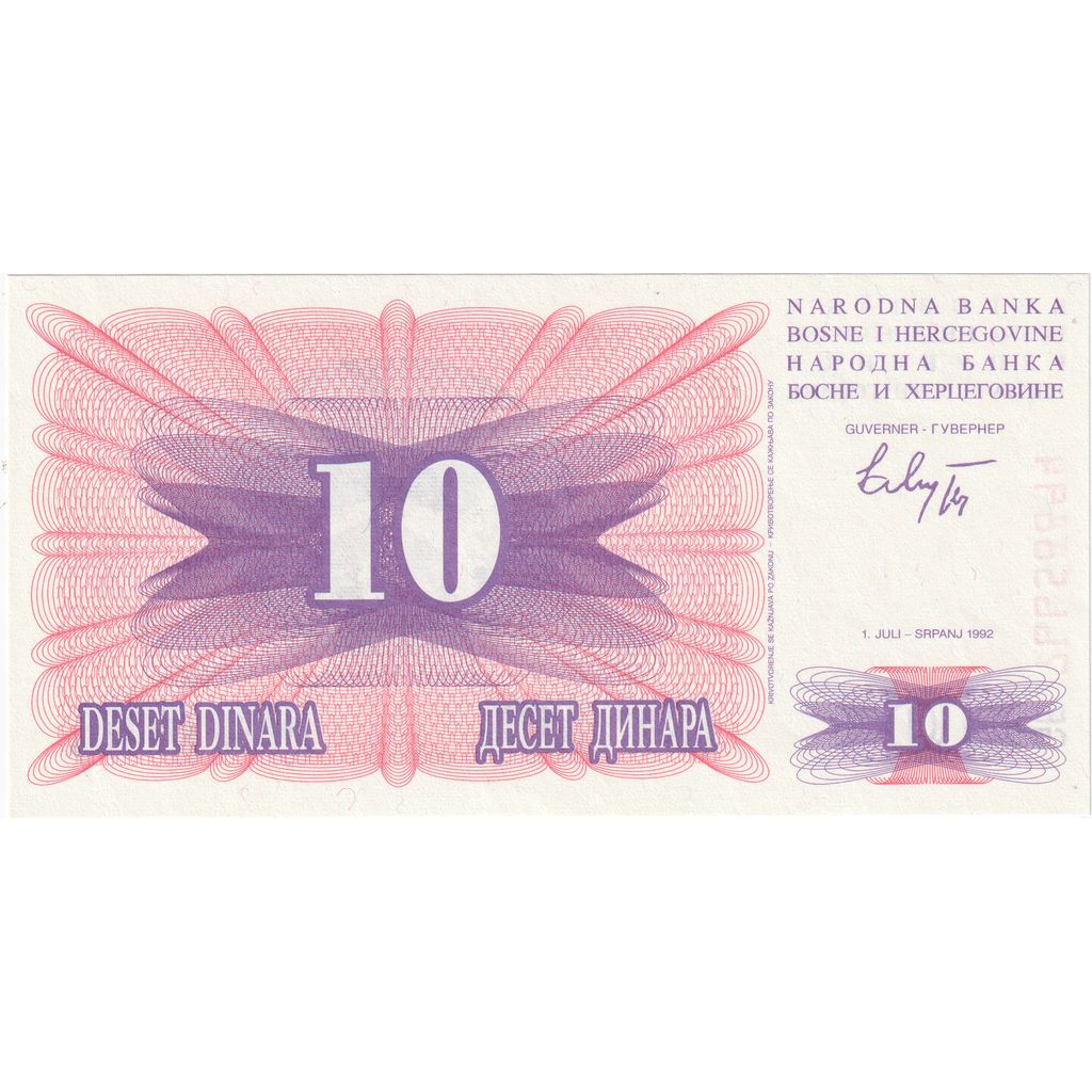 Bosnia and Herzegovina, 10 Dinara, 1992-07-01, UNC(65-70)