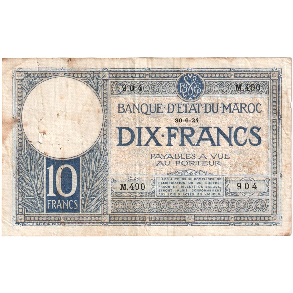 Marrocos, 10 Francs, 1924-06-30, VG(8-10)