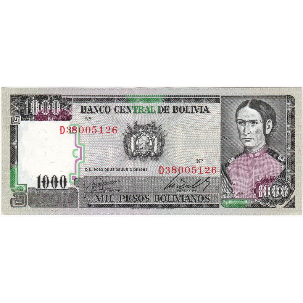 Bolívia, 1000 Pesos Bolivianos, 1982-06-25, EF(40-45)