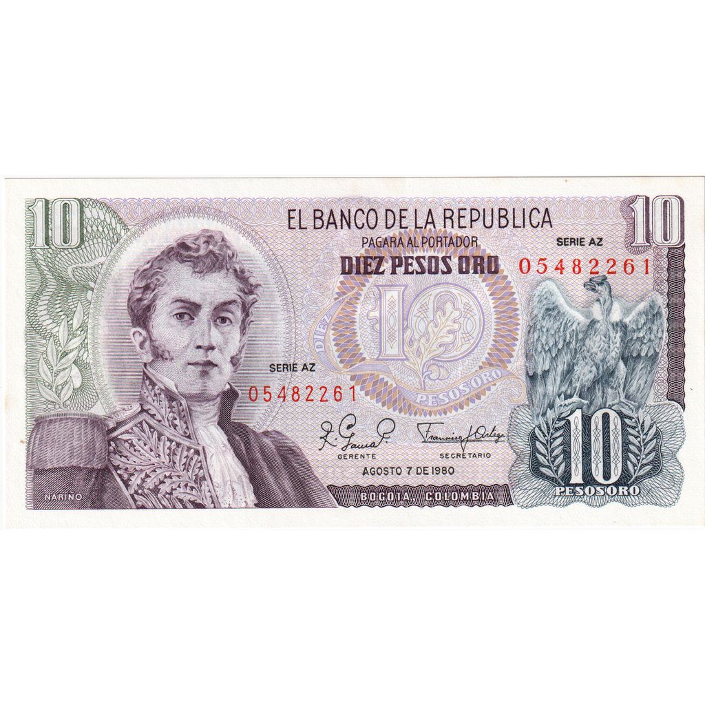 Colômbia, 10 Pesos Oro, 1980-08-07, UNC(65-70)