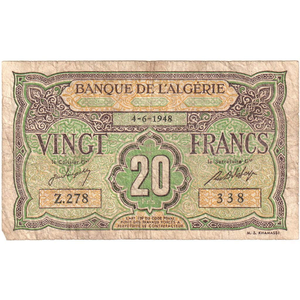 Algeria, 20 Francs, 1948-06-04, EF(40-45)