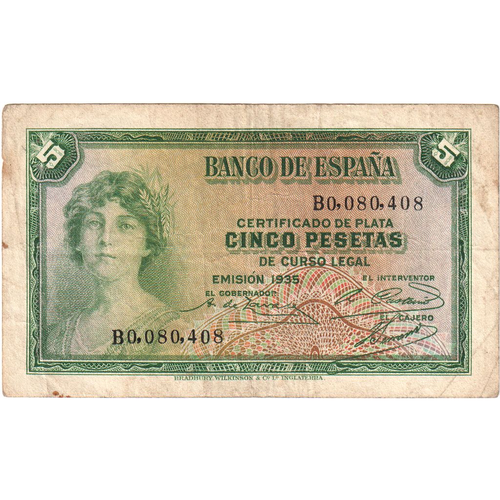 Banknote, Spain, 5 Pesetas, 1935, KM:85a, VF(30-35)