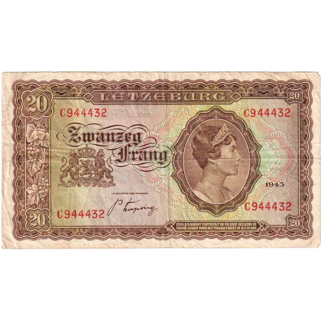 Luxembourg, 20 Frang, 1943, VF(20-25)