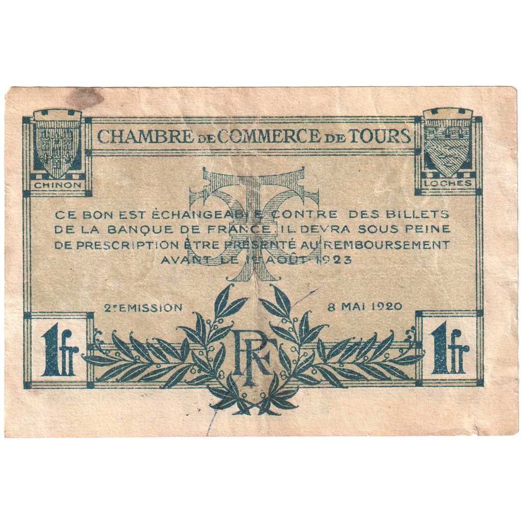 Francia, Tours, 1 Franc, 1920-05-08, 304,520, MB+, Pirot:123-4