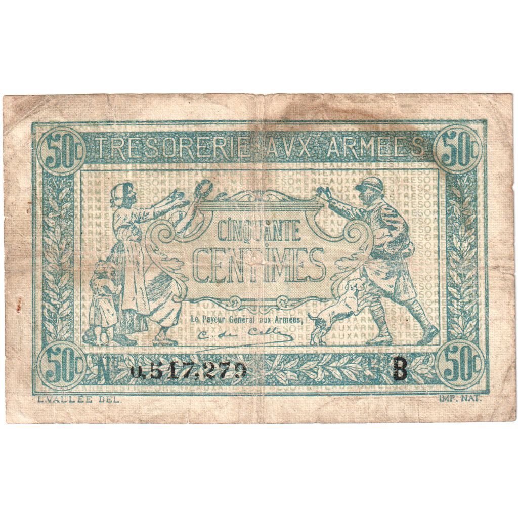 Francia, 50 Centimes, 1917-1919 Army Treasury, B, BC