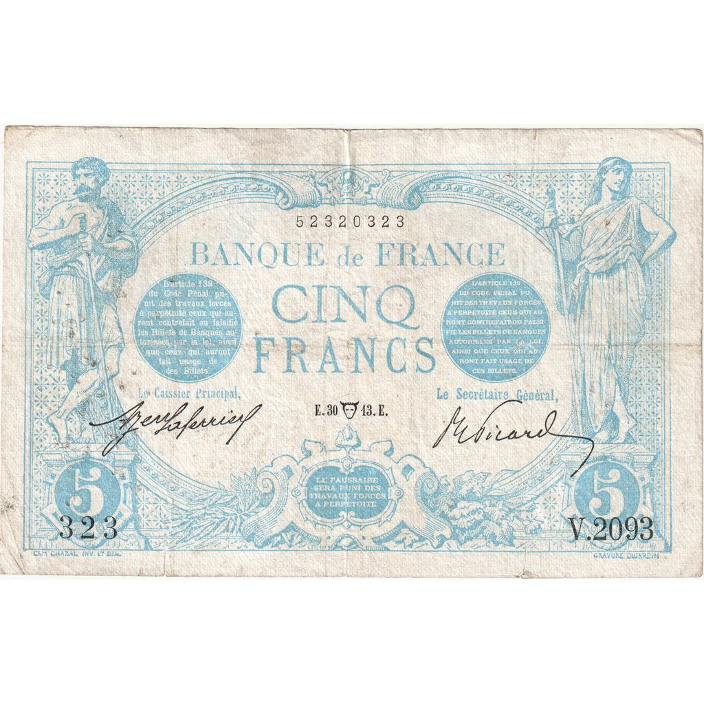 France, 5 Francs, Bleu, 1916-09-18, V.2093, TB+