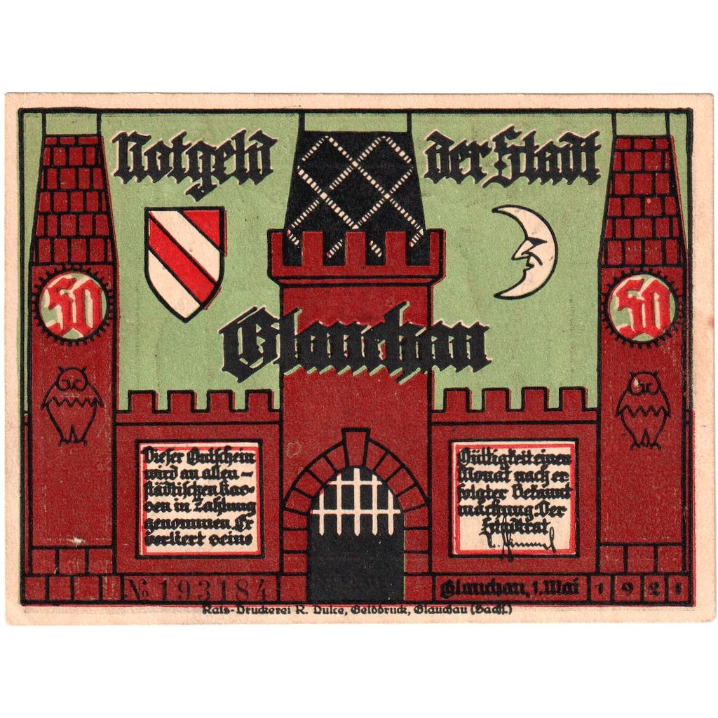 Banknot, Niemcy, Glauchau Stadt, 50 Pfennig, personnage, 1921, 1921-05-01
