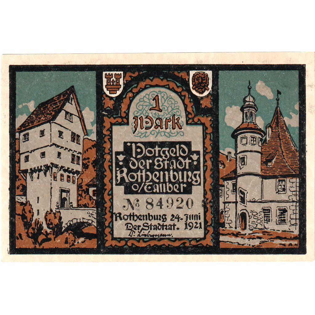 Niemcy, Rothenburg o.T. Stadt, 1 Mark, 1921-06-24, UNC(65-70)