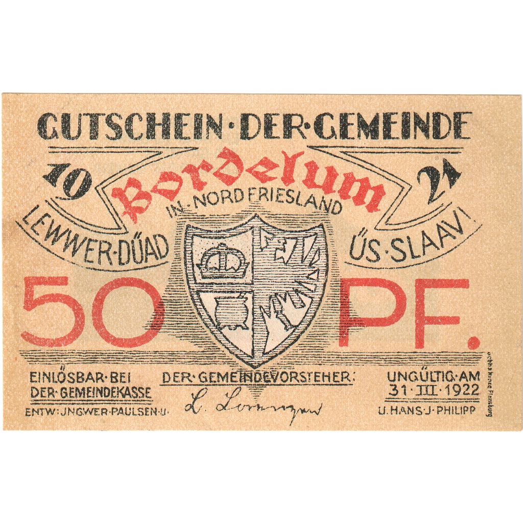 Billete, Alemania, Bordelum, 50 Pfennig, ferme, 1922, 1922-03-31, SC, Mehl:143.1