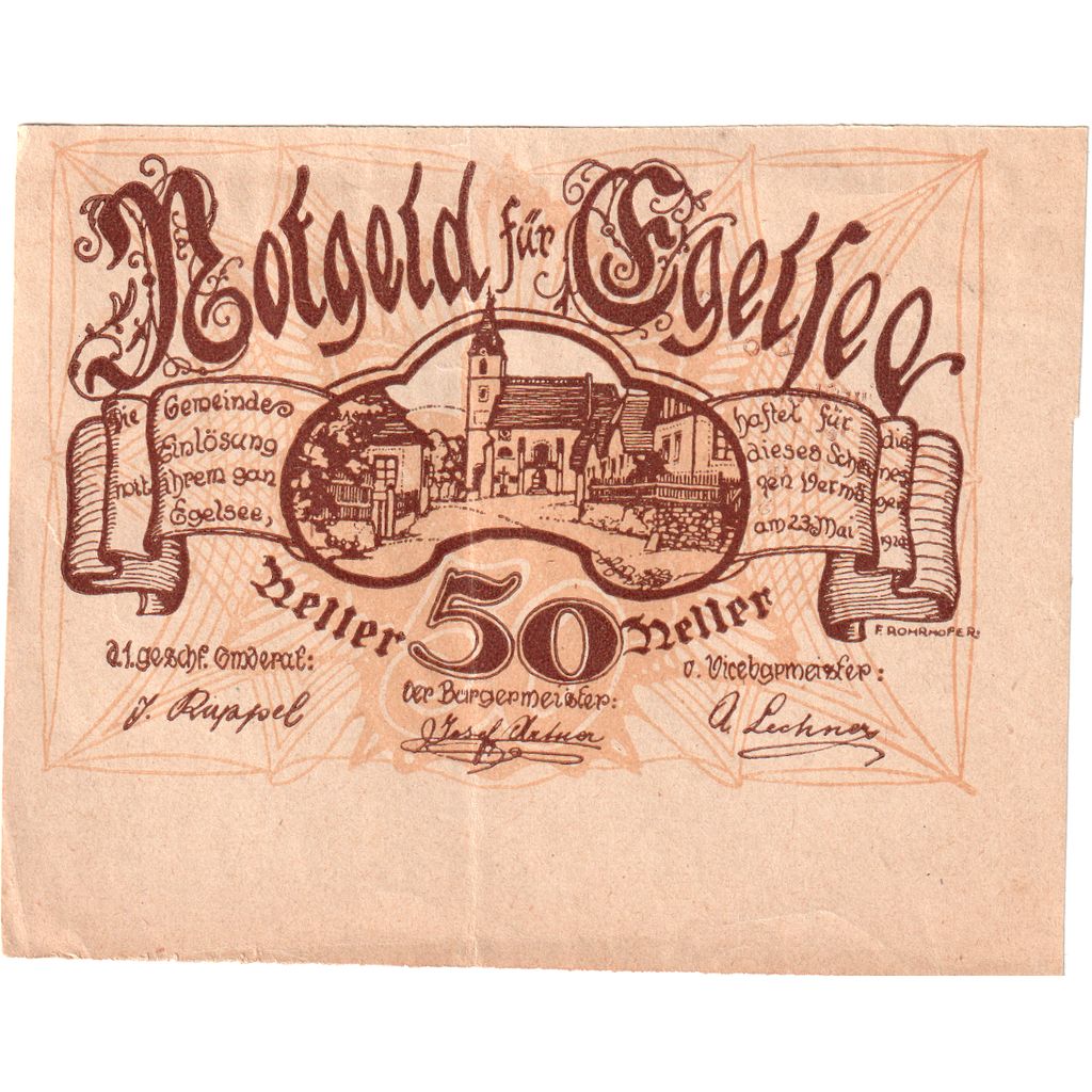 Banknot, Austria, Egelsee, 50 Heller, Texte 2, 1920, 1920-05-23, UNC(63)
