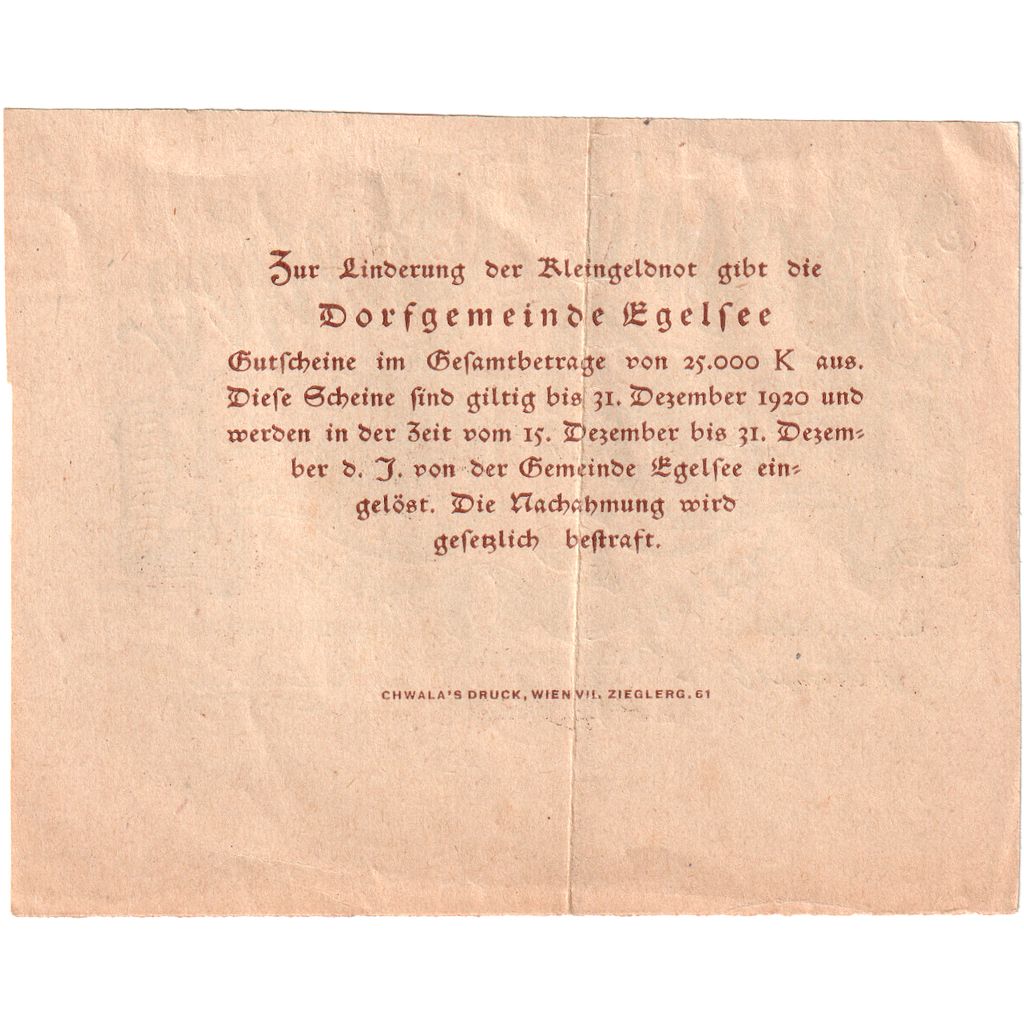 Banknot, Austria, Egelsee, 50 Heller, Texte 2, 1920, 1920-05-23, UNC(63)