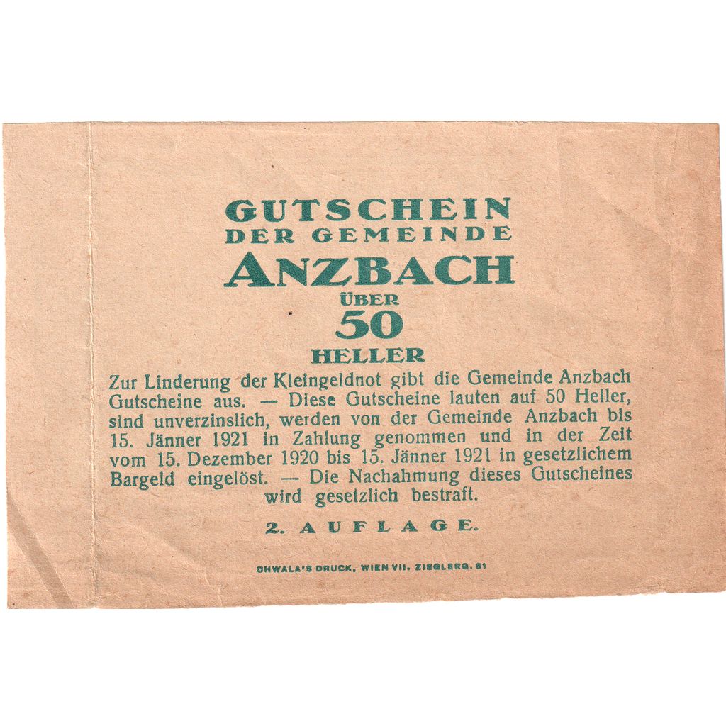 Austria, Anzbach, 50 Heller, 1920-09-15, EBC+