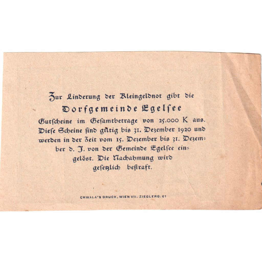 Áustria, Egelsee, 20 Heller, 1920-12-31, UNC(65-70)