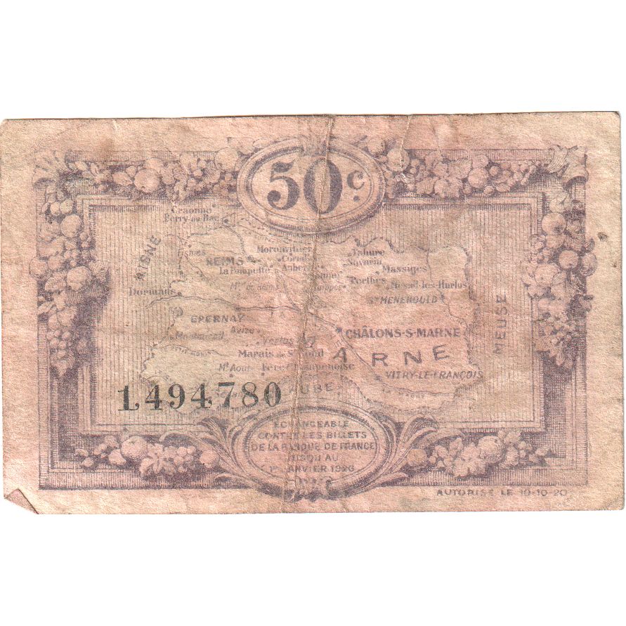France, Marne, 50 Centimes, 1922-10-10, 1,497,780, EF(40-45), Pirot:43-1