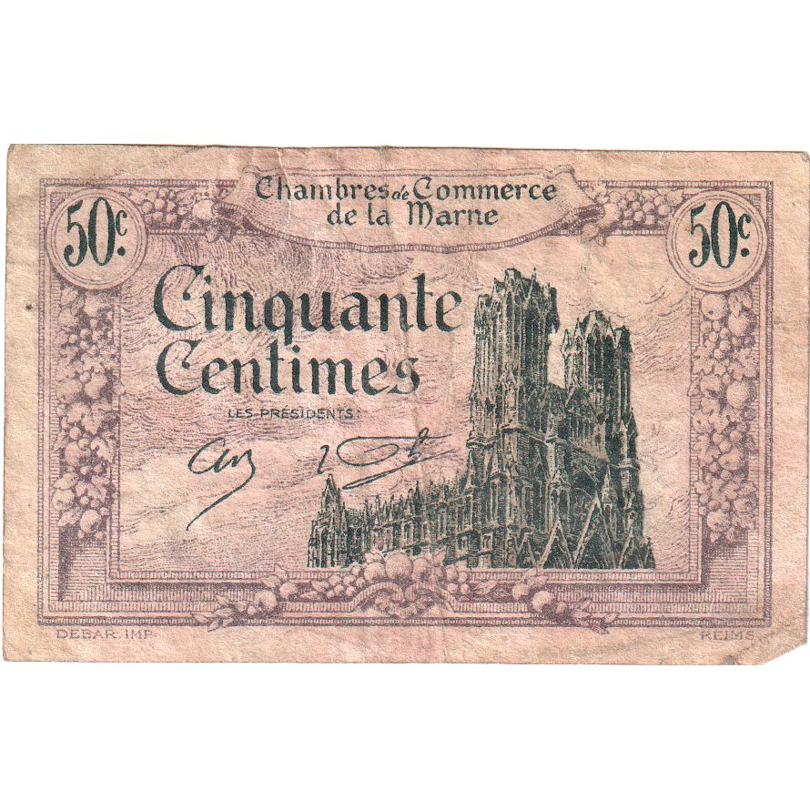 France, Marne, 50 Centimes, 1922-10-10, 1,497,780, EF(40-45), Pirot:43-1