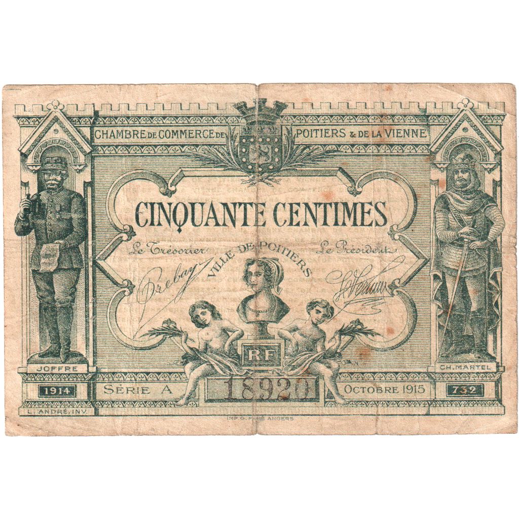 Francia, Poitiers, 50 Centimes, 1915 Octobre, Série A 18920, BB+, Pirot:101-1