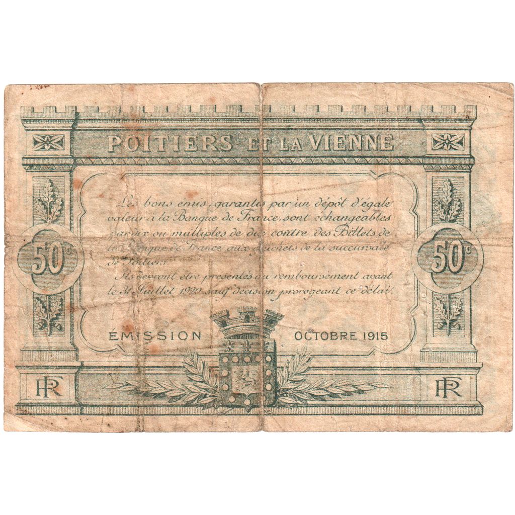 Francia, Poitiers, 50 Centimes, 1915 Octobre, Série A 18920, BB+, Pirot:101-1
