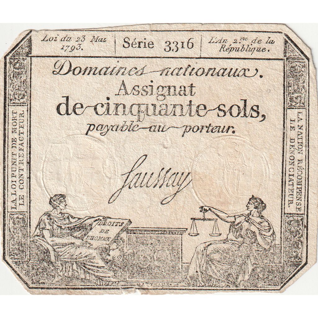 Frankrijk, 50 Sols, 1793-05-23, Série 3316, B+