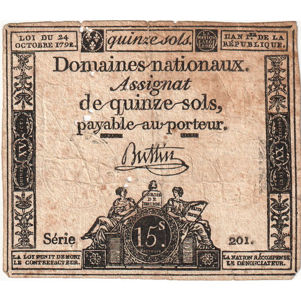 France, 15 Sols, 1792, Buttin, Loi du 4 janvier 1792 - L'an quatrième de la