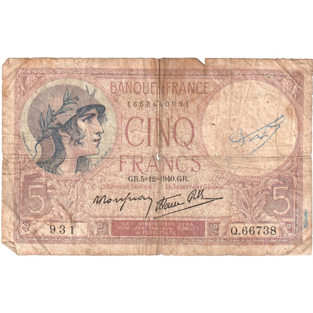 France, 5 Francs, Violet, 1932-07-21, Q.66738, AB