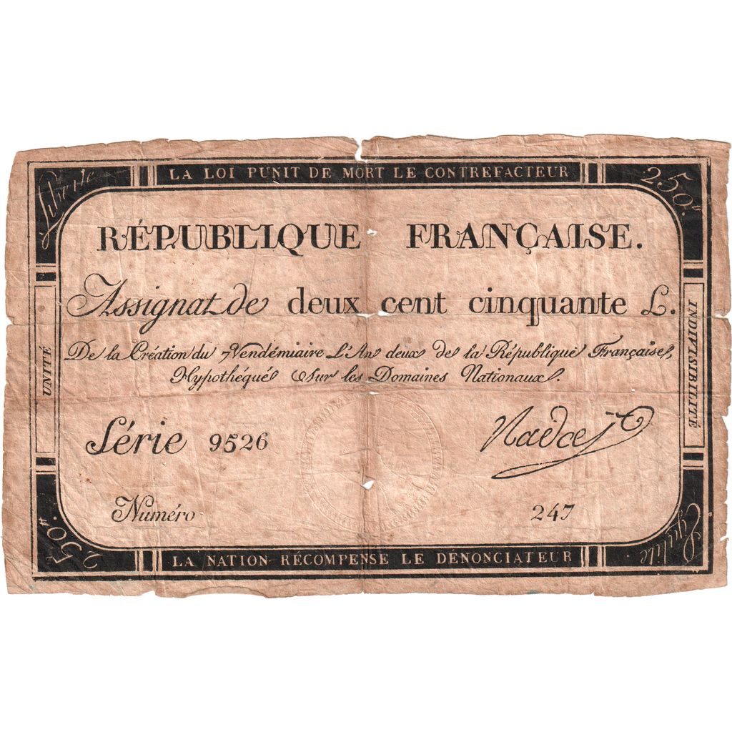 França, 250 Livres, 1793, Série 9526, VG(8-10)