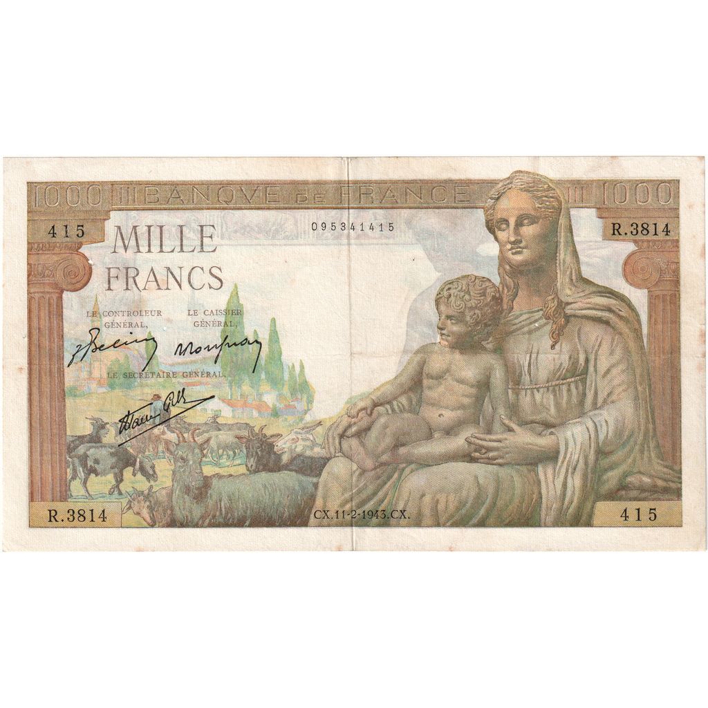 France, 1000 Francs, Déesse Déméter, 1943-10-28, R.3814, VF(30-35)