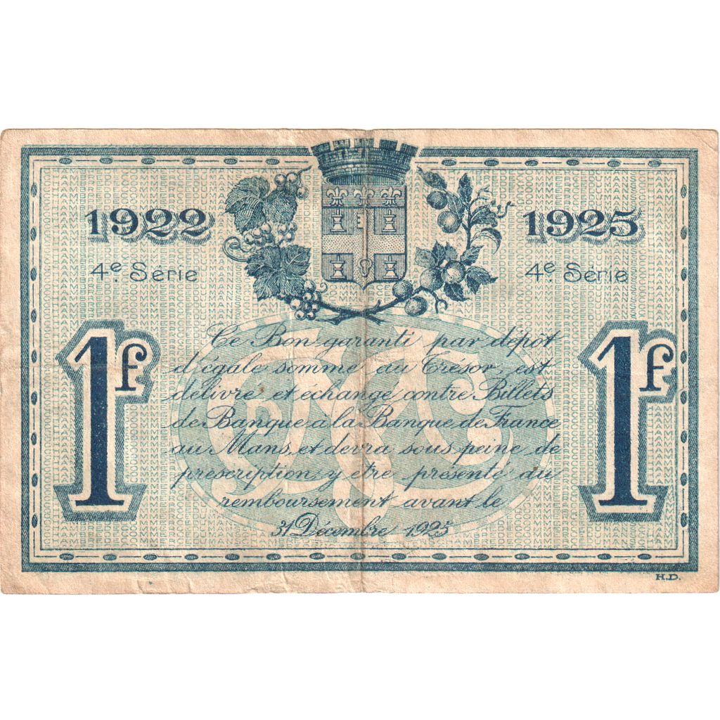 France, Le Mans, 1 Franc, 1922-01-24, 065,230, Chambre de Commerce, SUP