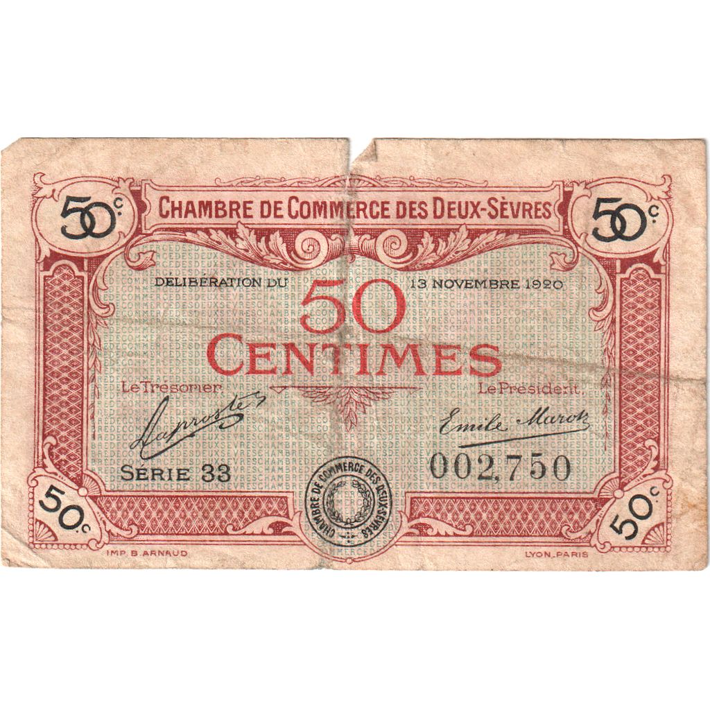 France, 50 Centimes, 1920-11-13, 10 - 005343, VF(20-25), Pirot:93-10