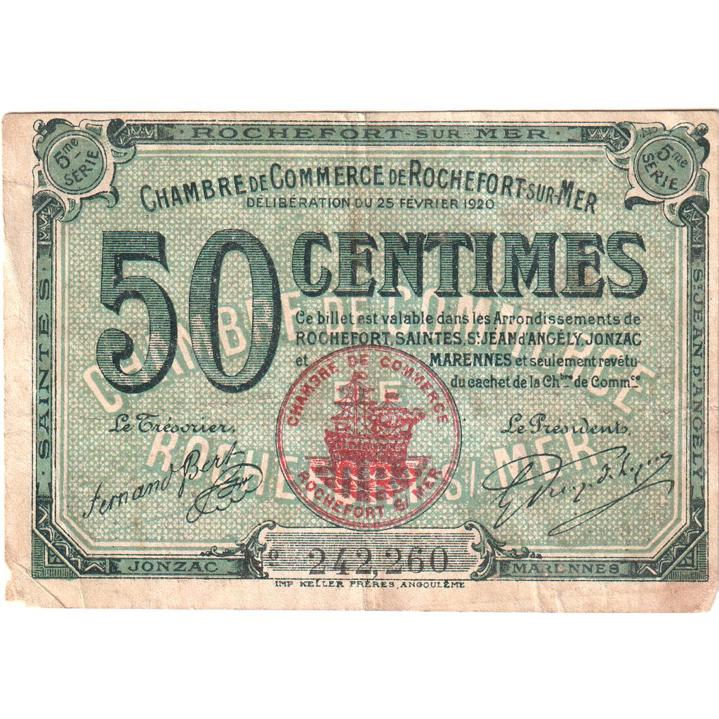 Banknot, Francja, Rochefort-sur-Mer, 50 Centimes, 1920, AU(50-53), Pirot:107-17