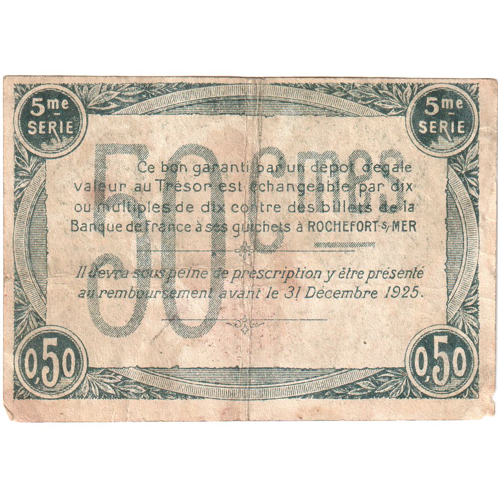 Banknot, Francja, Rochefort-sur-Mer, 50 Centimes, 1920, AU(50-53), Pirot:107-17
