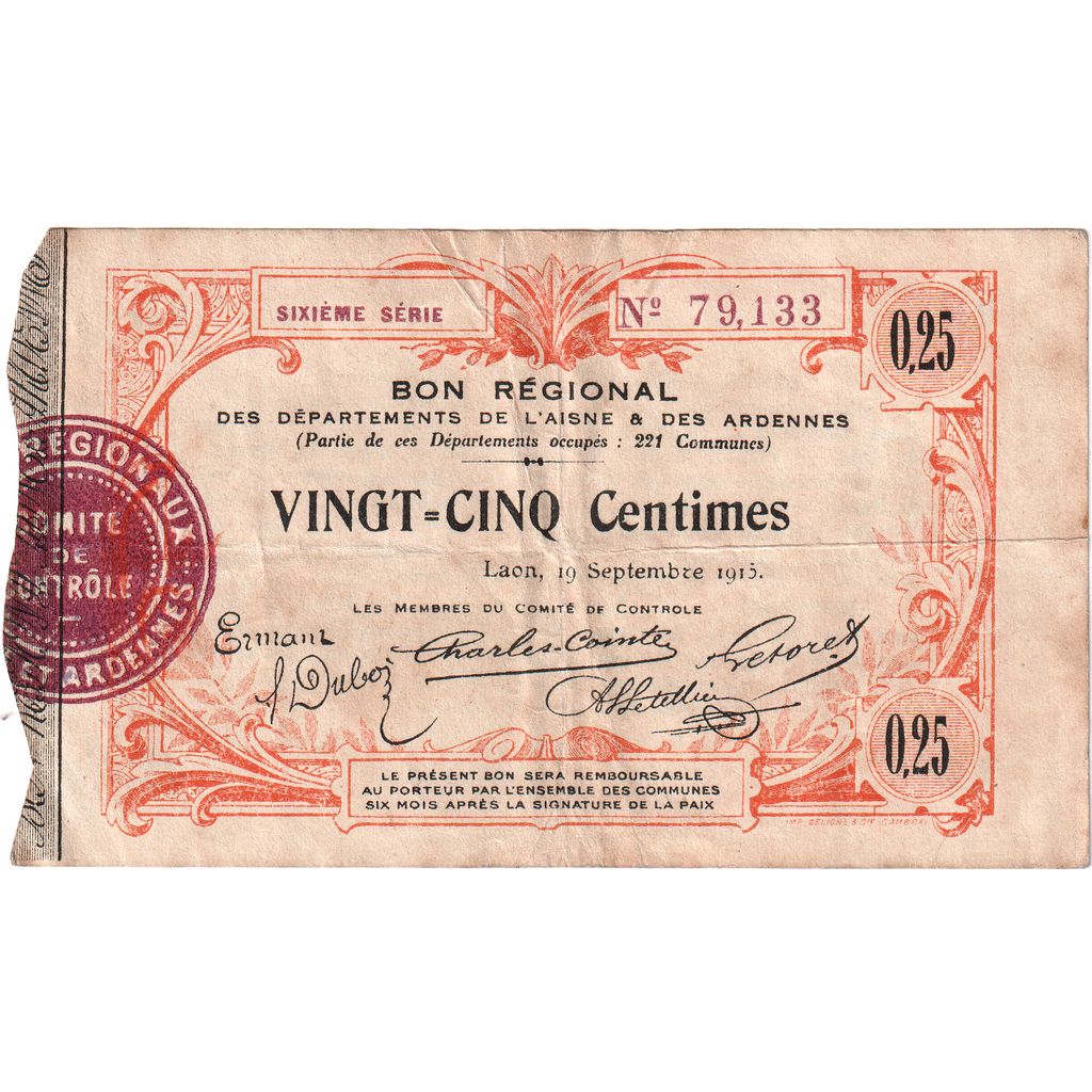 France, Laon, 25 Centimes, Undated (1913), 79,133, EF(40-45), Pirot:02-1300