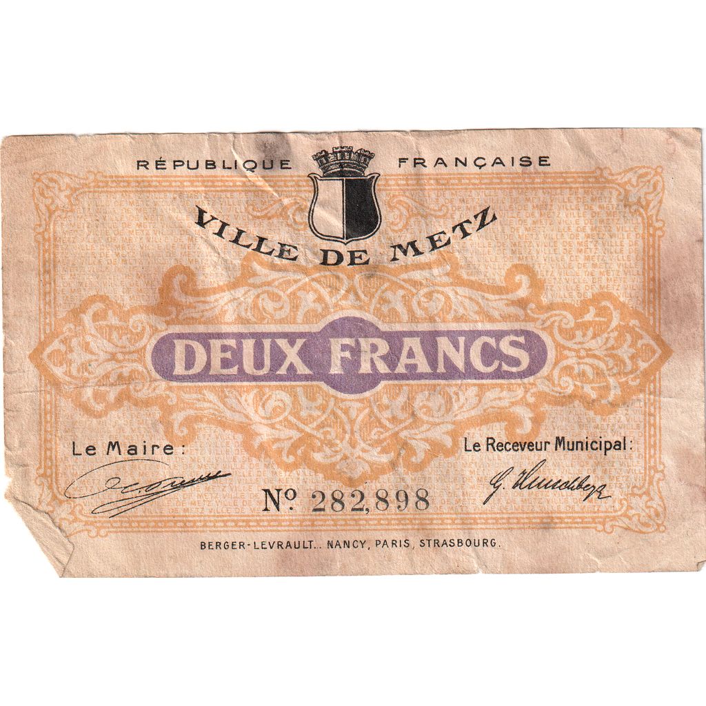 France, Metz, 2 Francs, 1918-12-27, 282,898, AU(55-58), Pirot:131-6