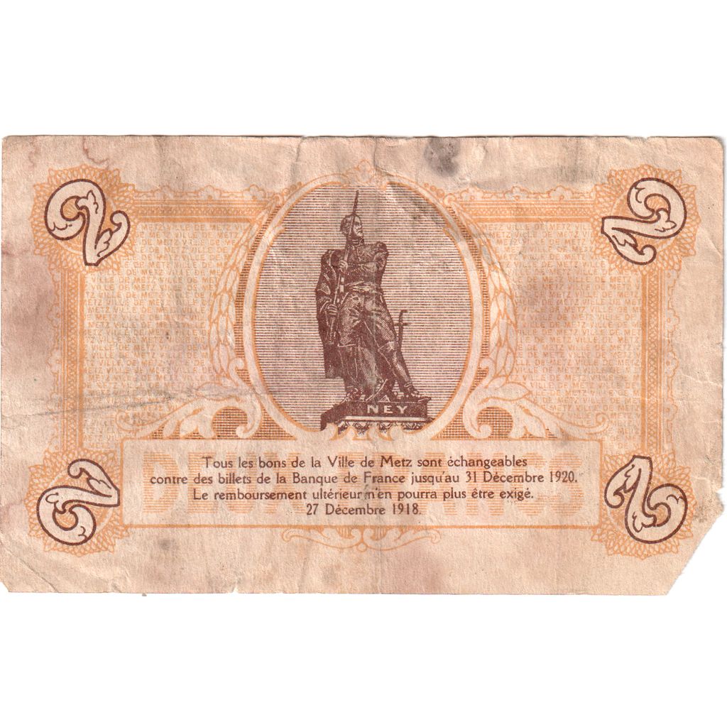France, Metz, 2 Francs, 1918-12-27, 282,898, AU(55-58), Pirot:131-6