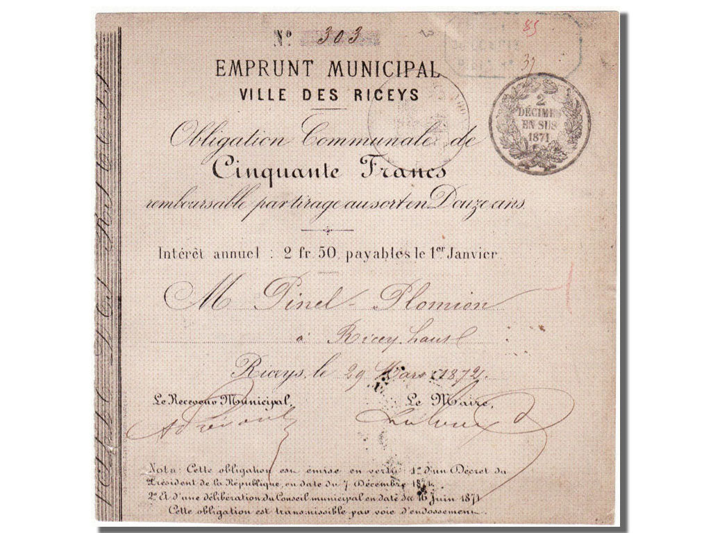 Geldschein, Frankreich, 50 Francs, 1872, UNZ-