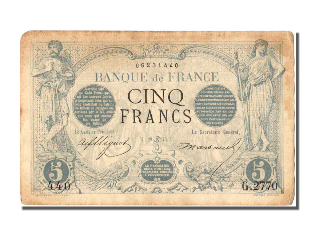 Banconote, Francia, 5 Francs, 5 F 1871-1874 ''Noir'', 1873, 1873-06-28, FDS