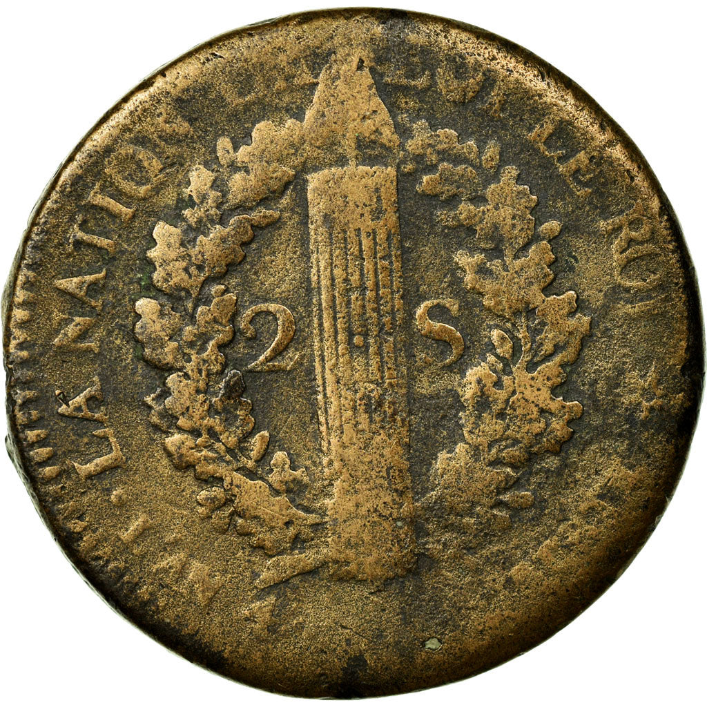 Moneda, Francia, 2 sols français, 2 Sols, 1792, Strasbourg, BC, Bronce