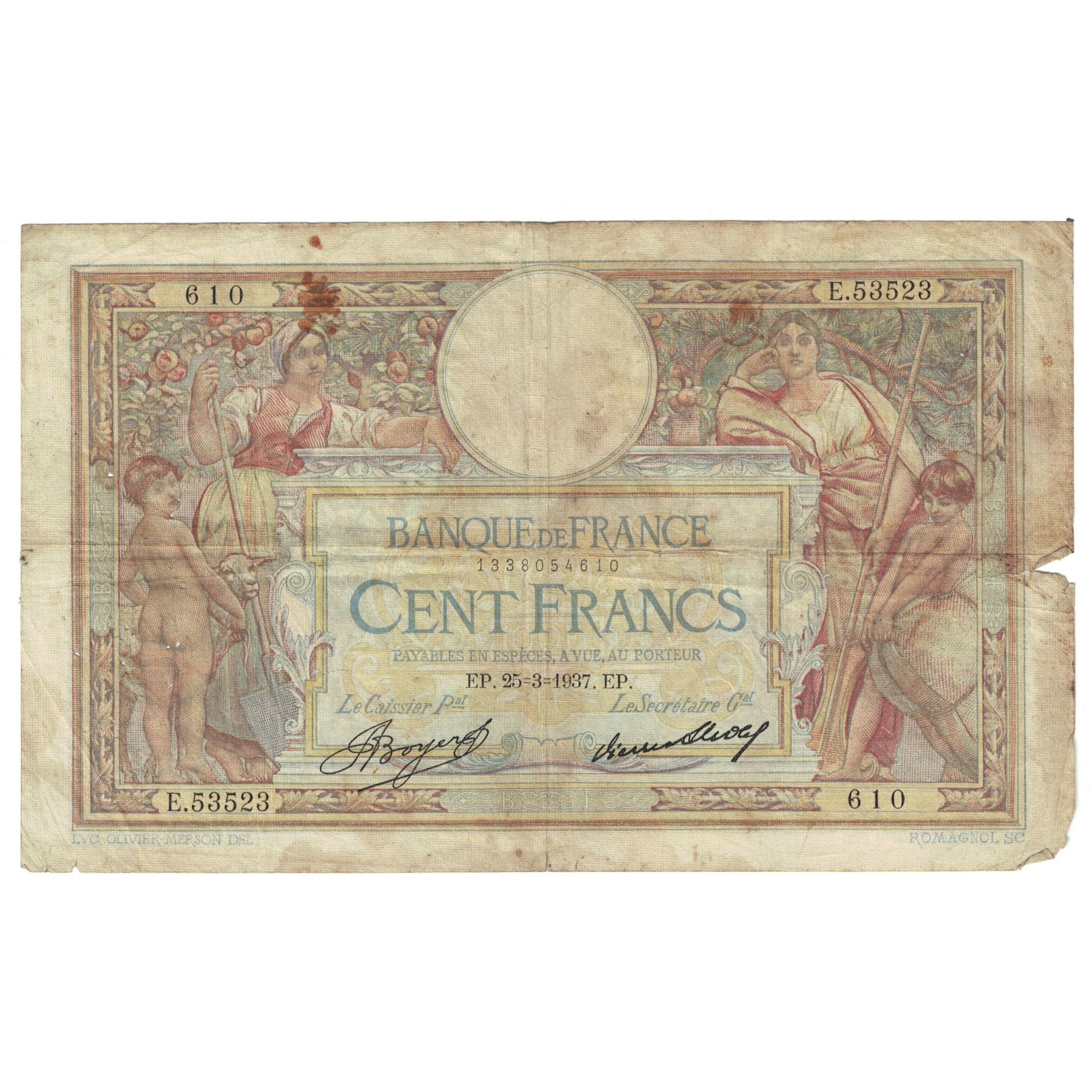 France, 100 Francs, Luc Olivier Merson, 1937, E.53523, B+, Fayette:24.16, KM:78c
