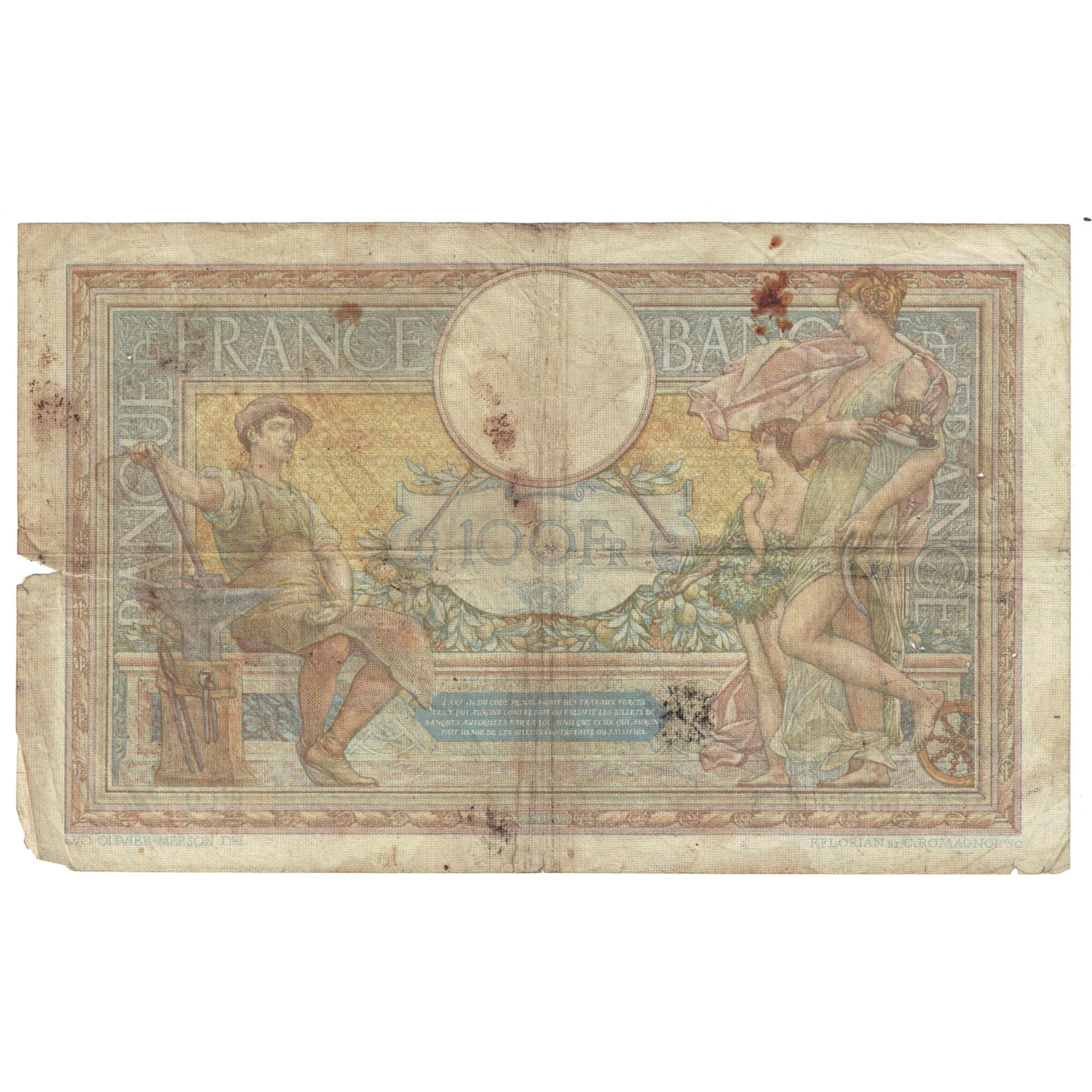 France, 100 Francs, Luc Olivier Merson, 1937, E.53523, B+, Fayette:24.16, KM:78c