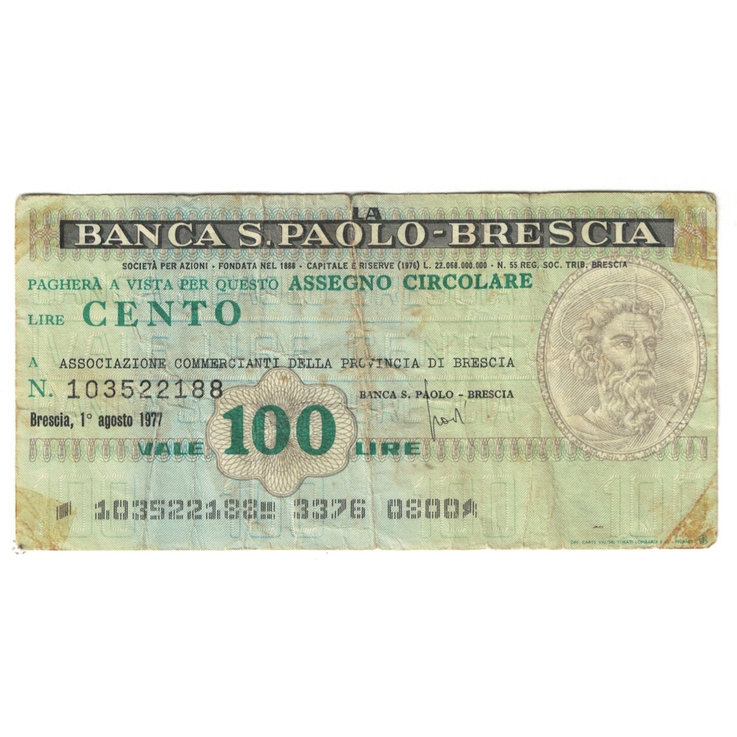 Banconote, Italia, 100 Lire, 1977, 1977-08-01, Banca Provinciale Lombarda, MB