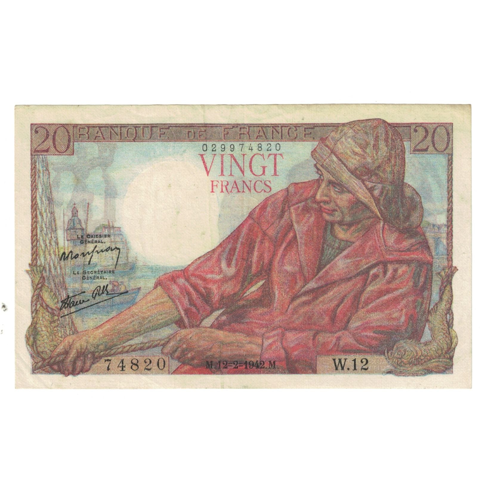 France, 20 Francs, Pêcheur, 1942, W.12, EF(40-45), Fayette:13.1, KM:100a