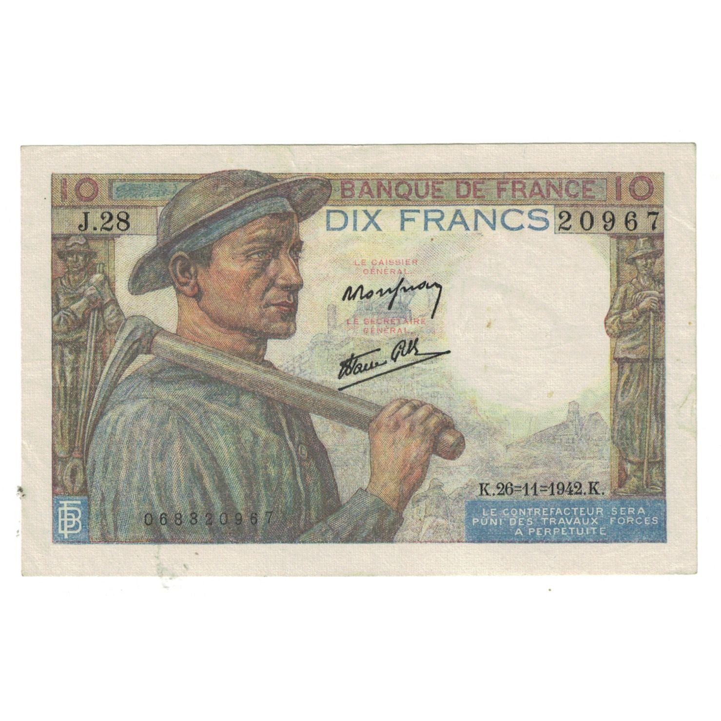 França, 10 Francs, Mineur, 1942, J.28, AU(55-58), Fayette:8.6, KM:99c