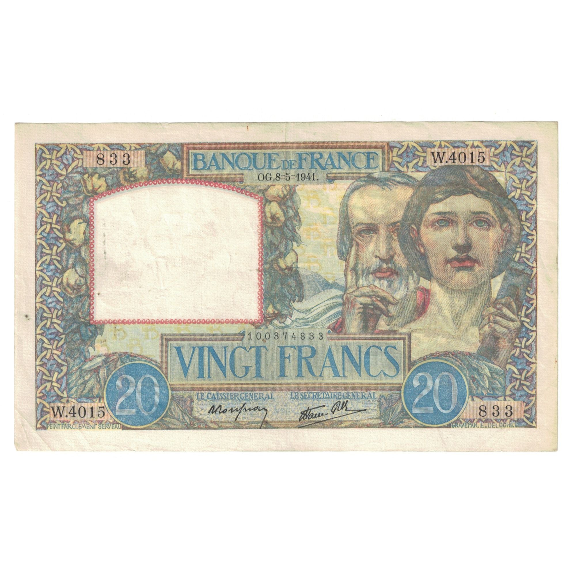 França, 20 Francs, Science et Travail, 1941, W.4015, EF(40-45), Fayette:12.14