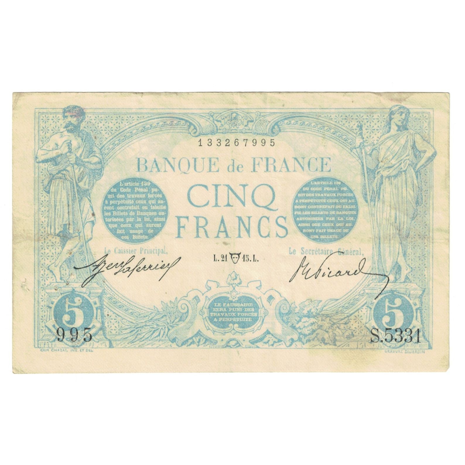 Francia, 5 Francs, Bleu, 1915, S.5331, BB, Fayette:02.22, KM:70