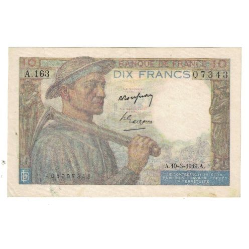 França, 10 Francs, Mineur, 1949, A.163 07343, EF(40-45), Fayette:8.20, KM:99f